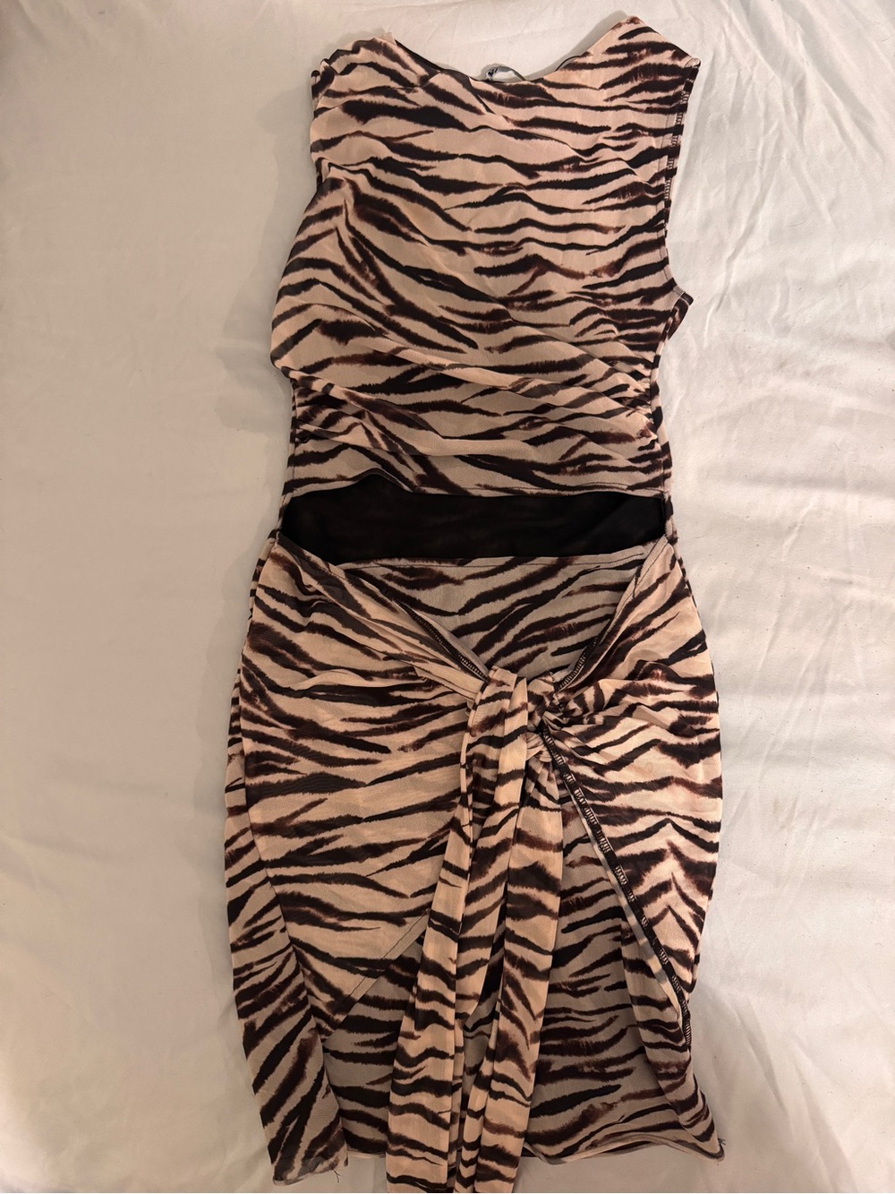 Zara Sleeveless Animal-Print Tie-Front Dress in Beige and Black